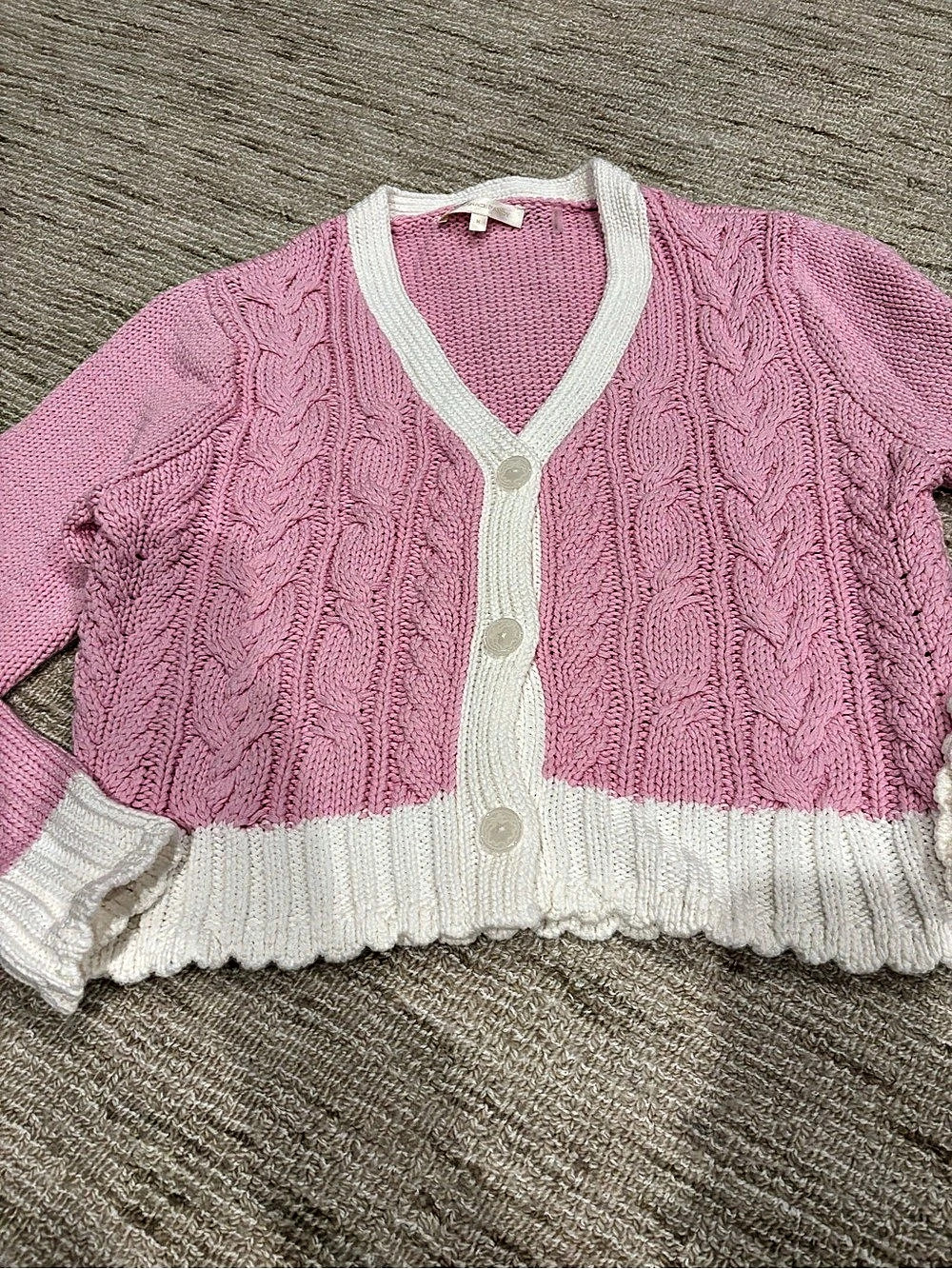 LoveShackFancy Cable Knit Cardigan in Pink & White